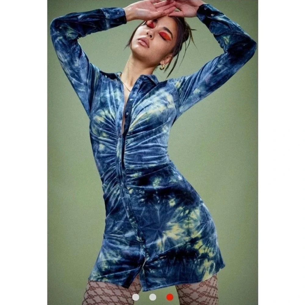 NWT Jaded London Velvet Tie Dye Ruched Shirt Dress Long Sleeve Mini, Size 4